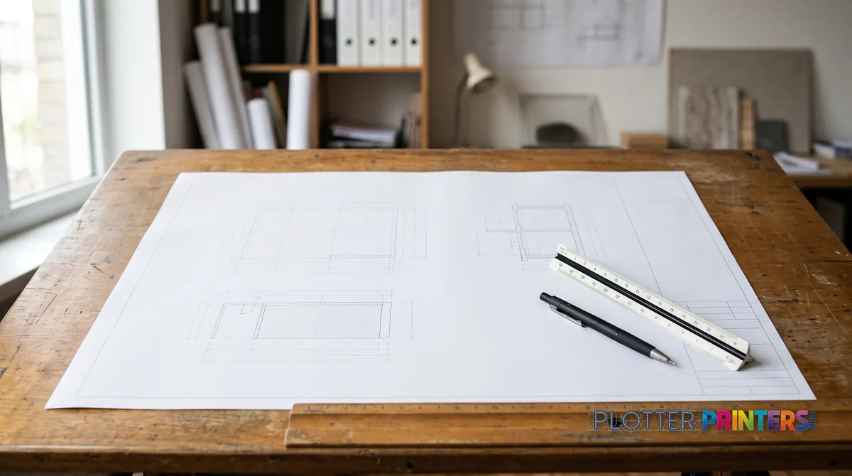 A1 technical drawing sheet on a drafting table with a metric scale ruler