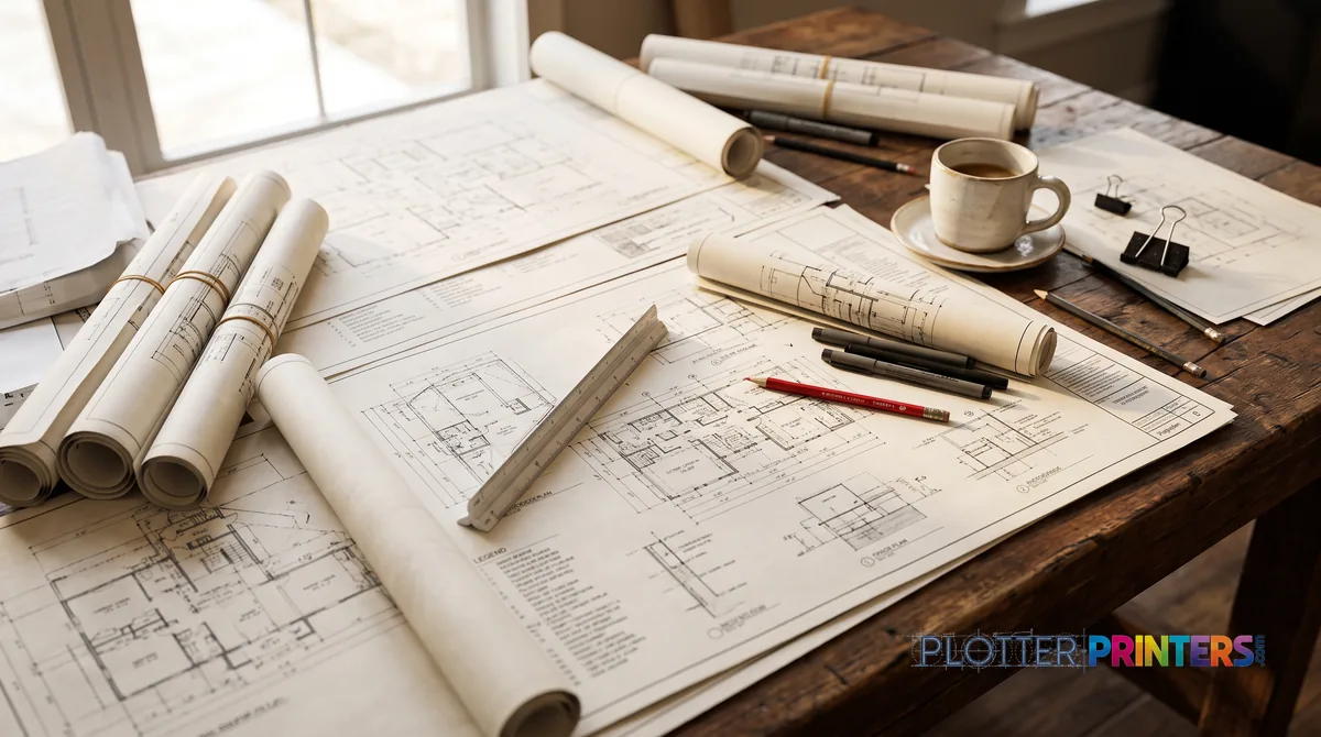 Rolled construction drawings and an Arch D floor plan with a scale ruler on a plan-room table