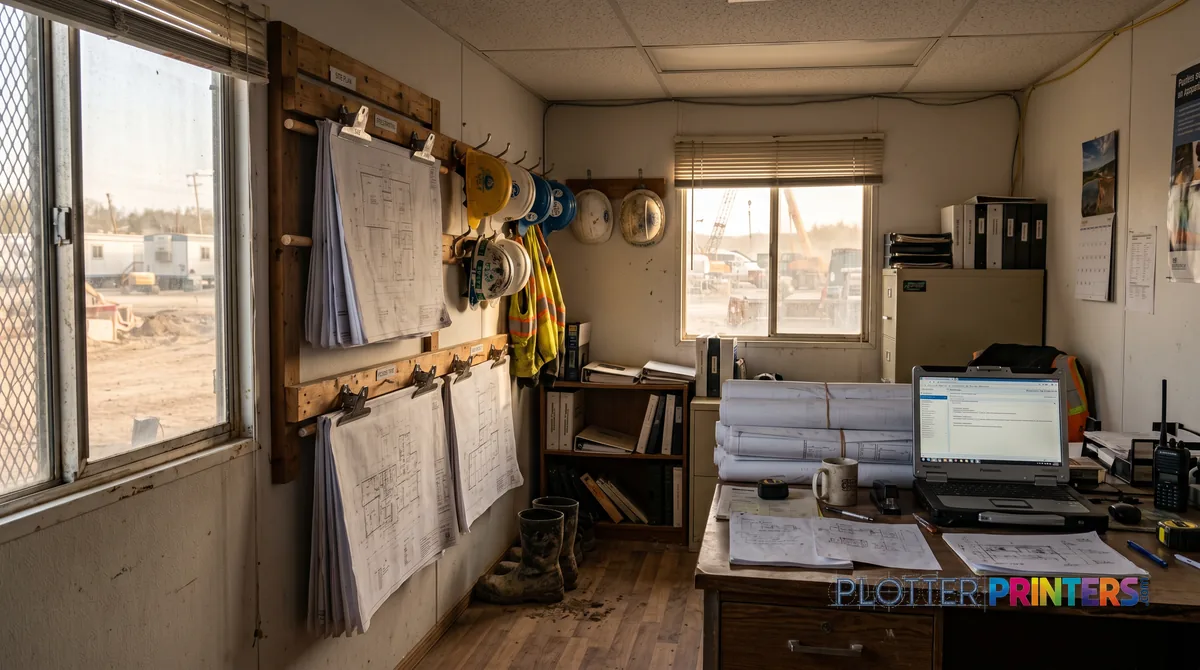 Construction site trailer wall with clipped full-size drawings and rolled plan sets