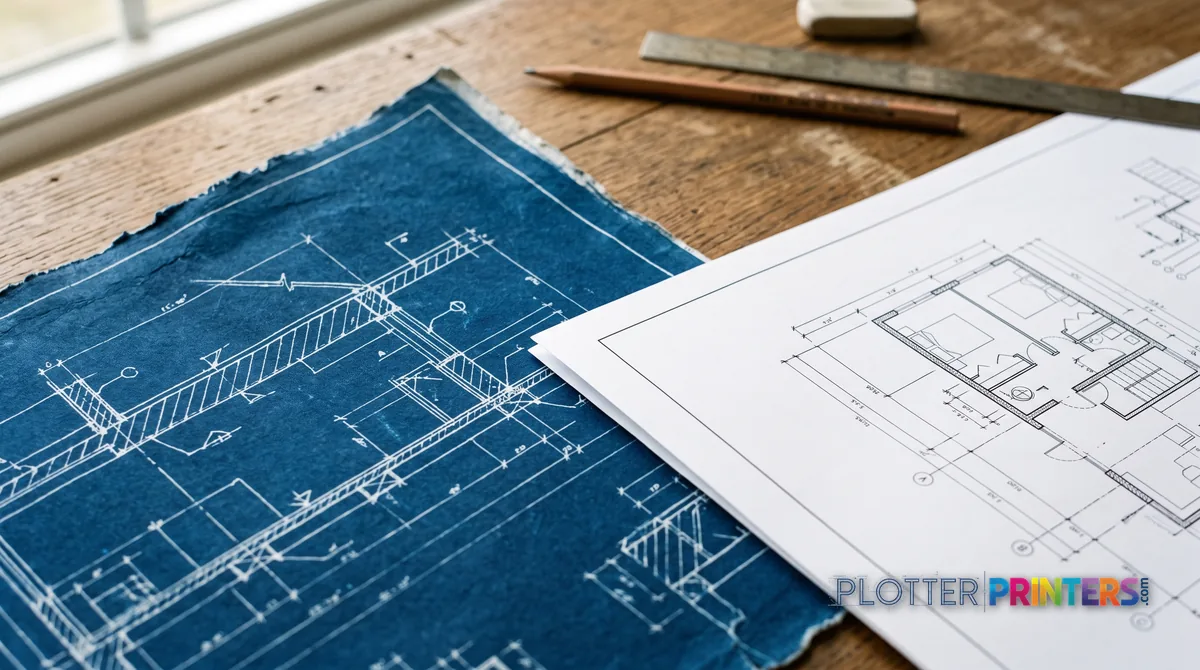 True blueprint corner beside a modern white bond drawing
