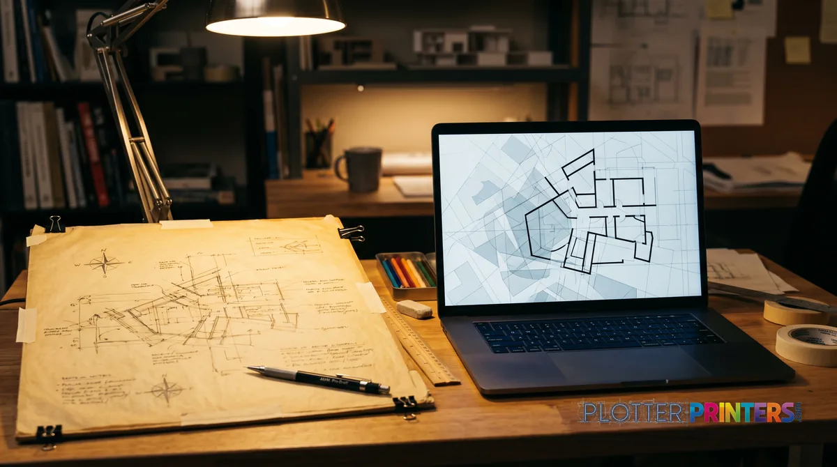 Aged drawing beside a laptop showing a traced digital underlay