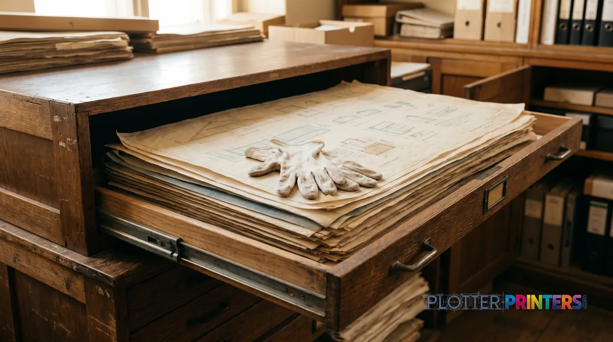 Open flat-file drawer of aged drawings with cotton gloves on top