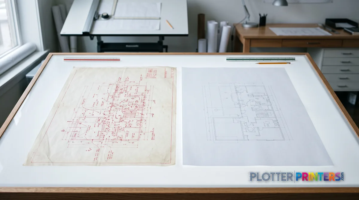 Marked-up check print beside its clean reprint on a light table