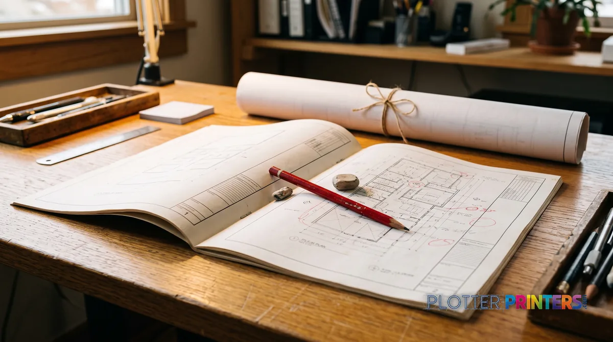 Half-size check set with red-pencil markups beside a rolled full-size sheet