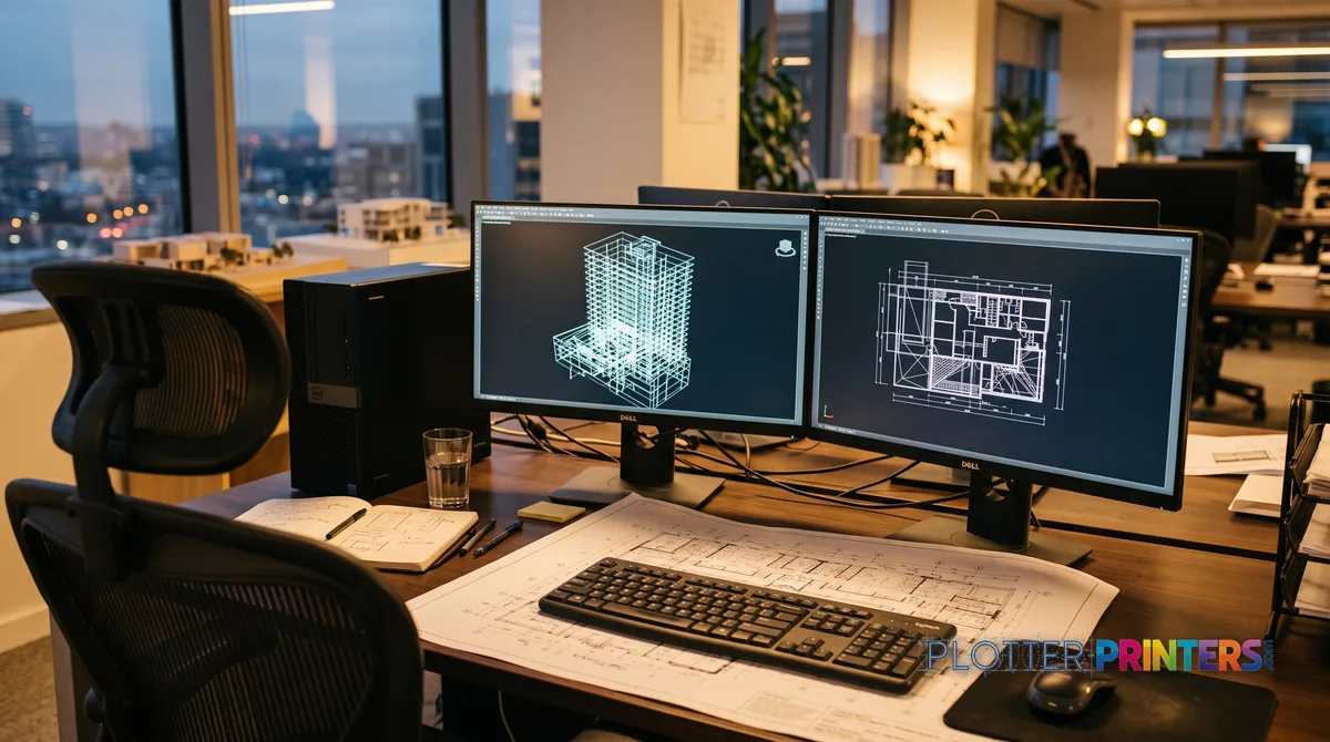 CAD workstation with a wireframe model on screen and a printed floor plan on the desk