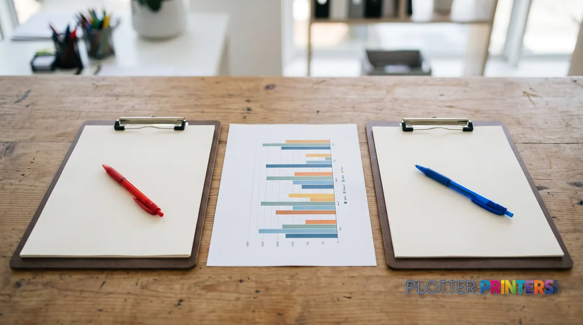 Two clipboards with red and blue pens flanking an abstract comparison chart