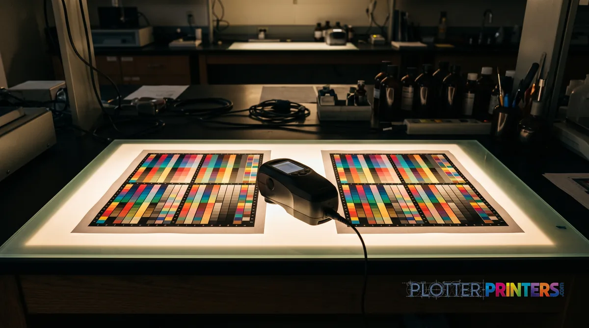 Two color test charts on a light table with a measuring instrument