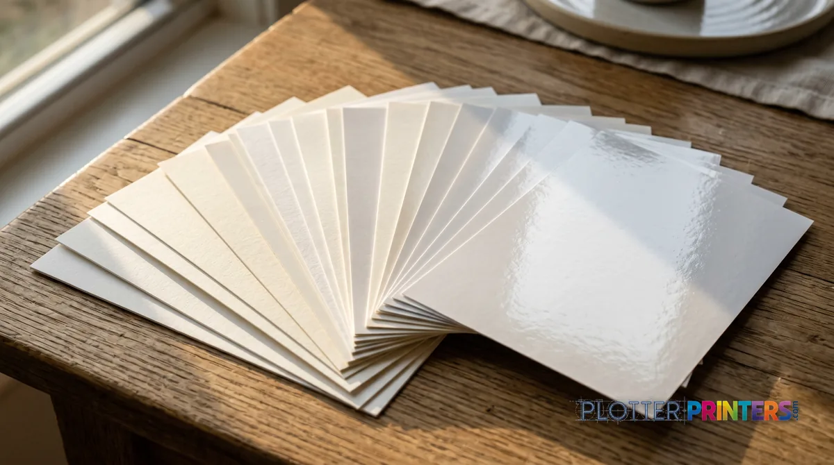 Fanned paper samples in matte, satin and gloss finishes