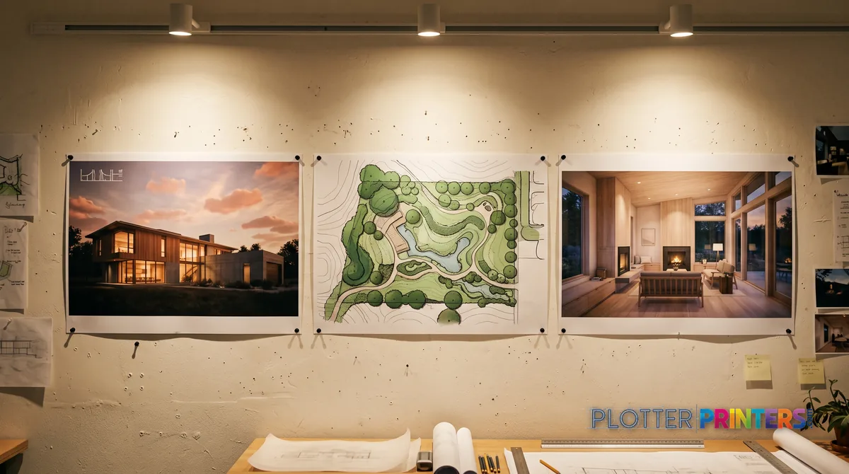 Three large color presentation boards pinned to a studio wall