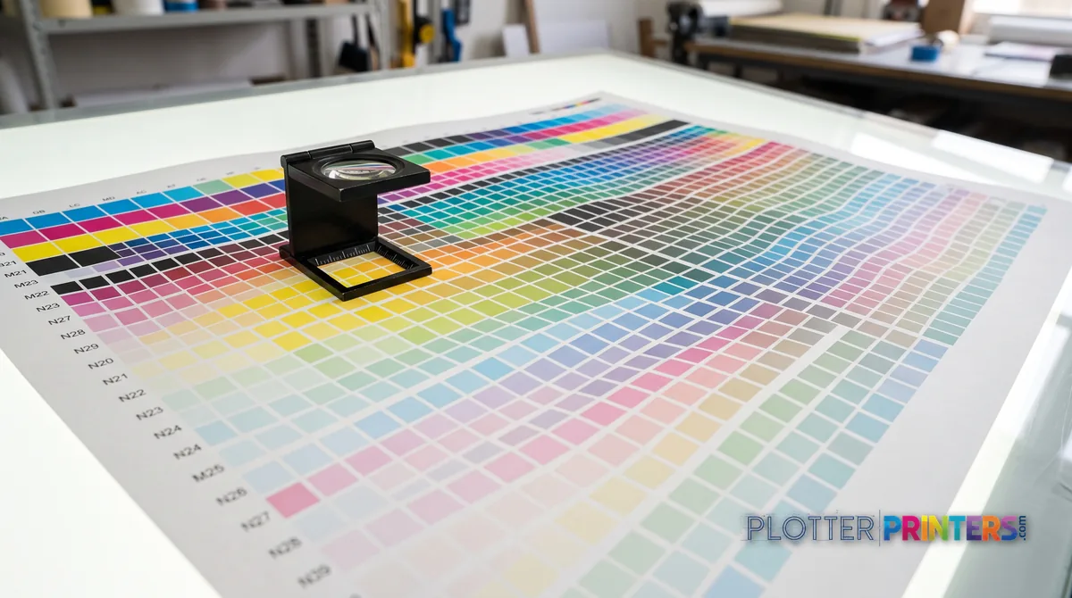 Printed color patch grid on a light table with a loupe