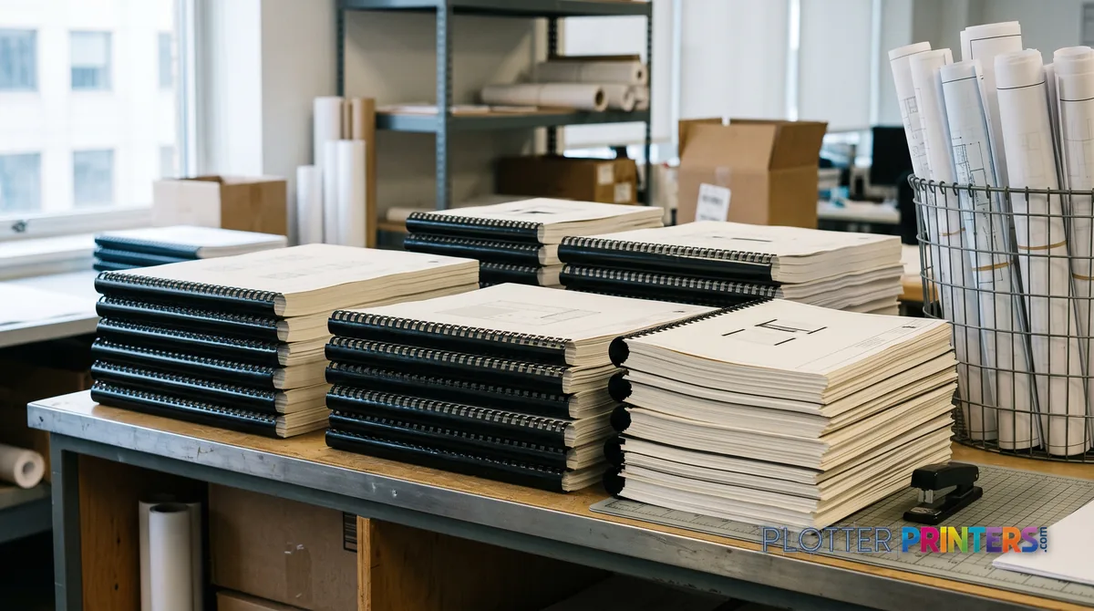 Counter stacked with bound bid sets and a bin of rolled sheets