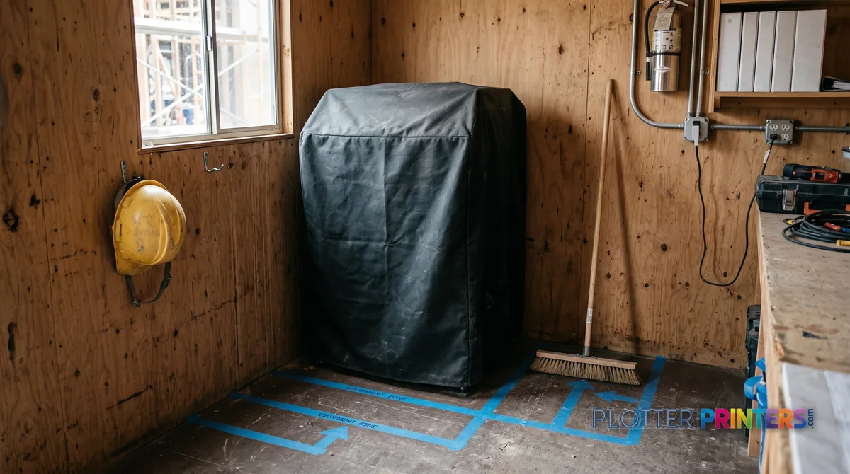Trailer corner with dust cover, broom and taped floor markings