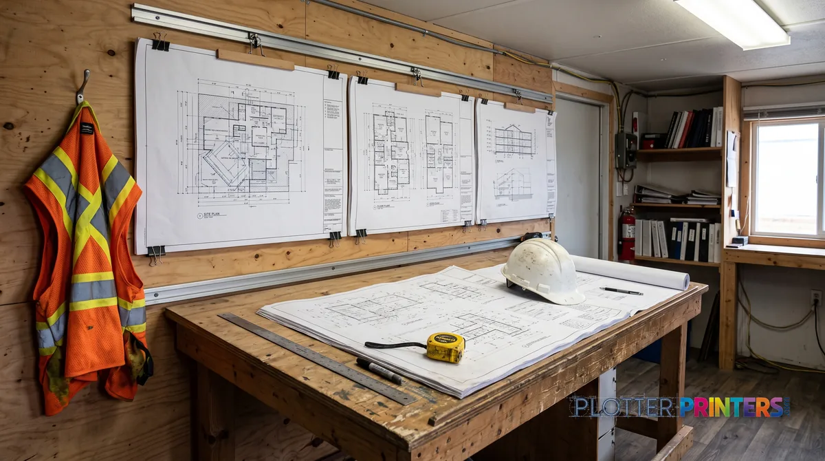 Job-trailer plan wall with clipped full-size drawings and a weighted plan table