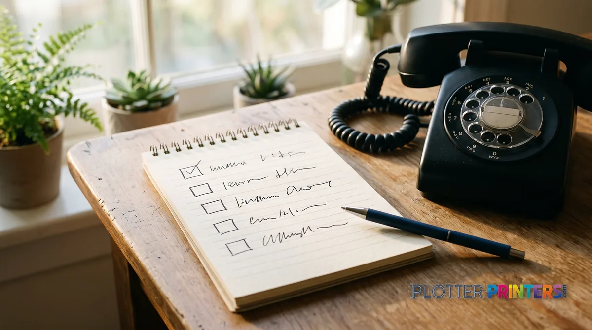 Notepad checklist with blank tick boxes beside a desk phone