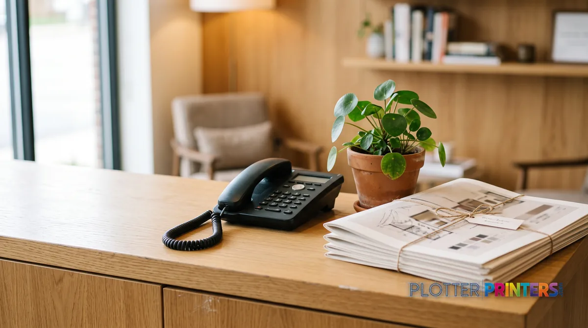 Reception counter with a telephone, plant and folded sample prints