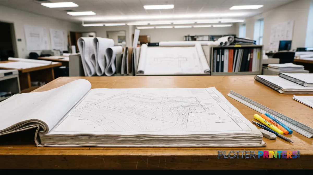 Bound engineering drawing set open to a grading sheet on a plan table