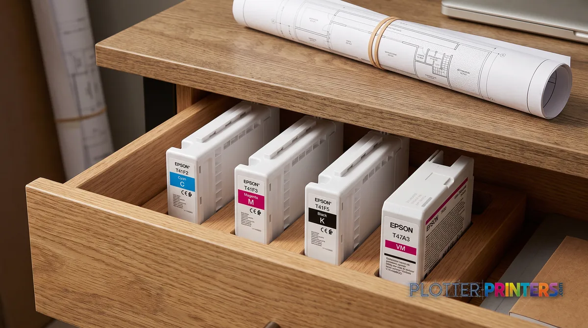 Genuine Epson UltraChrome cartridges organized in a drawer