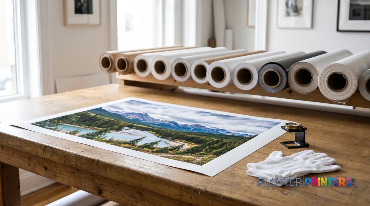 Finishing table with a large color proof print, gloves and a loupe