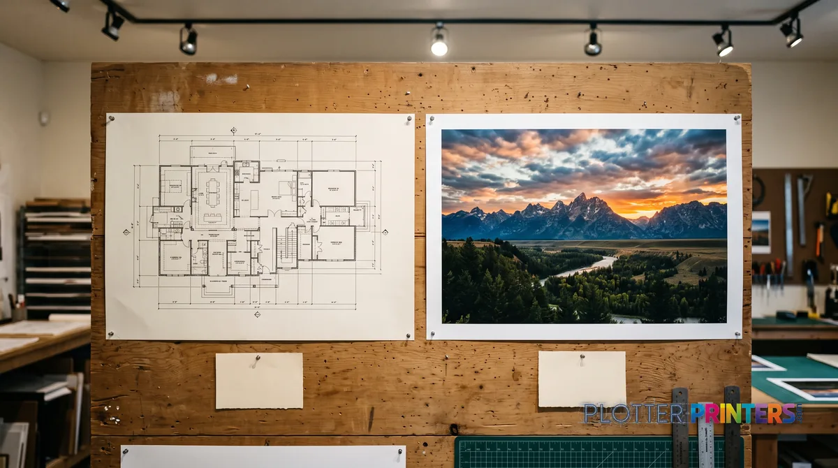 Two pinned prints side by side: monochrome plan vs color proof