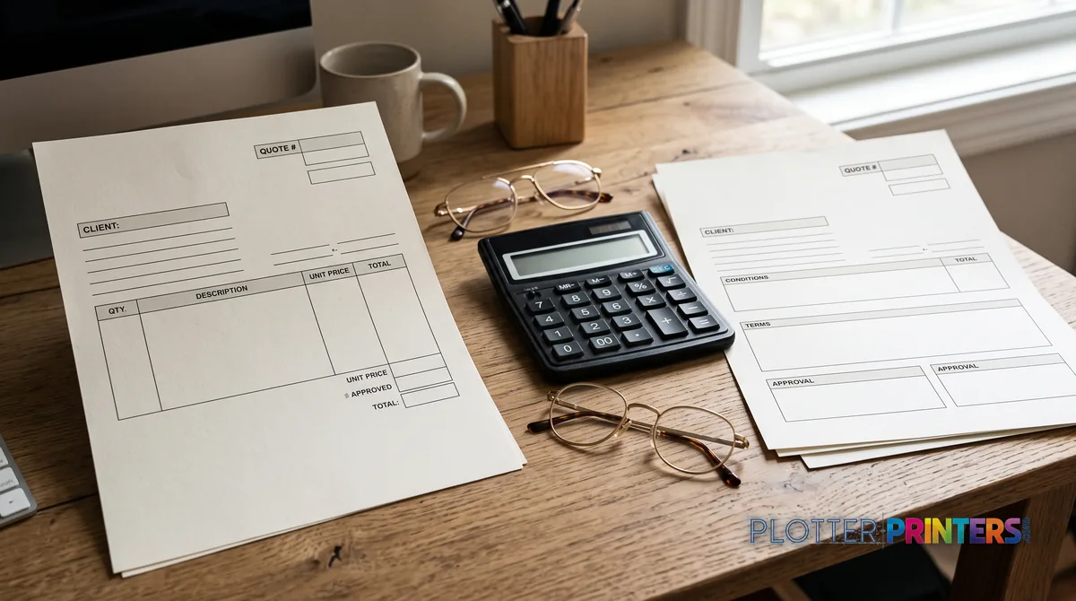 Two quote documents with blank fields beside a calculator