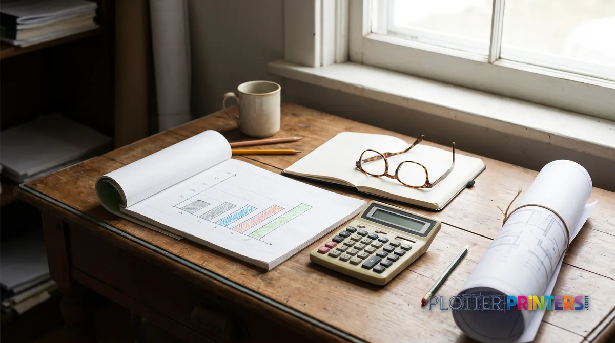 Planning desk with a hand-drawn monthly chart, calculator and rolled drawing