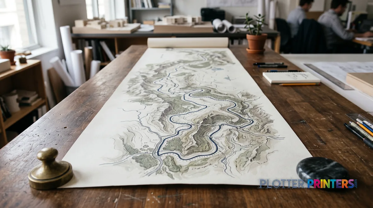 Long corridor map unrolled along a work table
