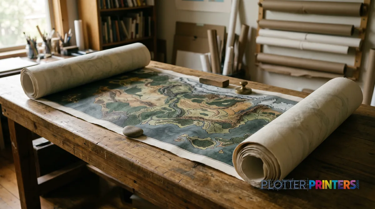 Very wide map partially unrolled across a long table