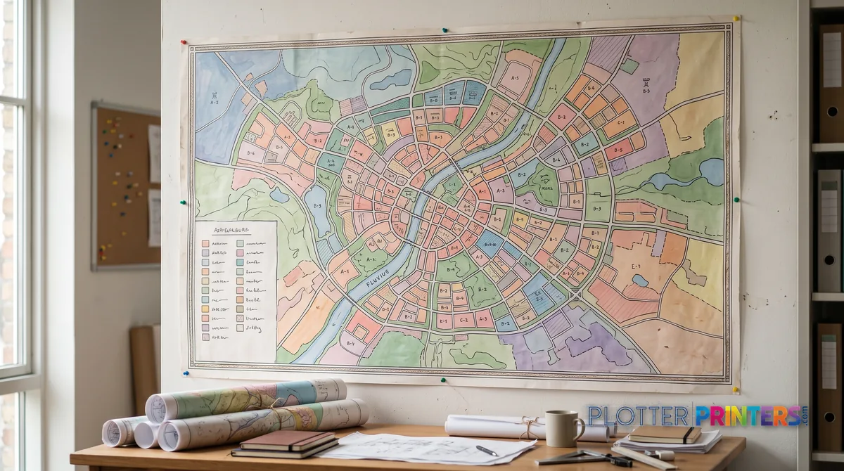 Large color zoning-style wall map with pastel district tints above a desk of rolled maps