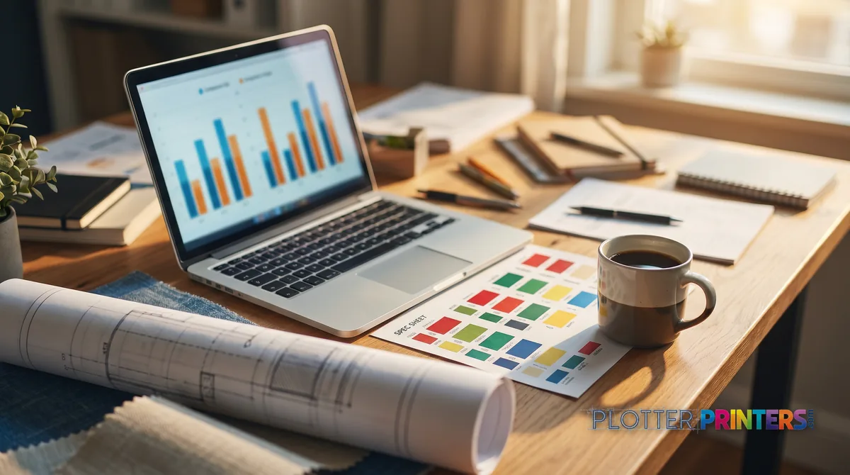 Research desk with abstract comparison charts and a rolled drawing
