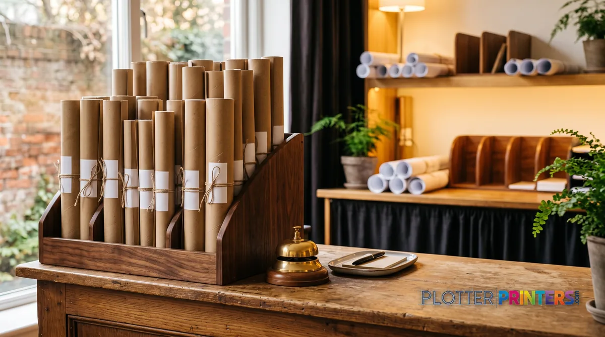 Pickup counter with rolled plan orders in kraft sleeves