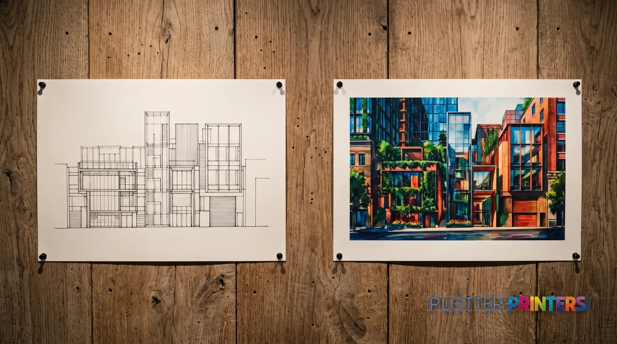 Monochrome plan print pinned beside a saturated color render