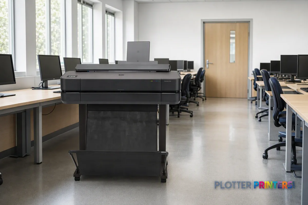 HP DesignJet T650 24-in Printer in an engineering office with a technical drawing at its print slot (staged scene from manufacturer product photography)