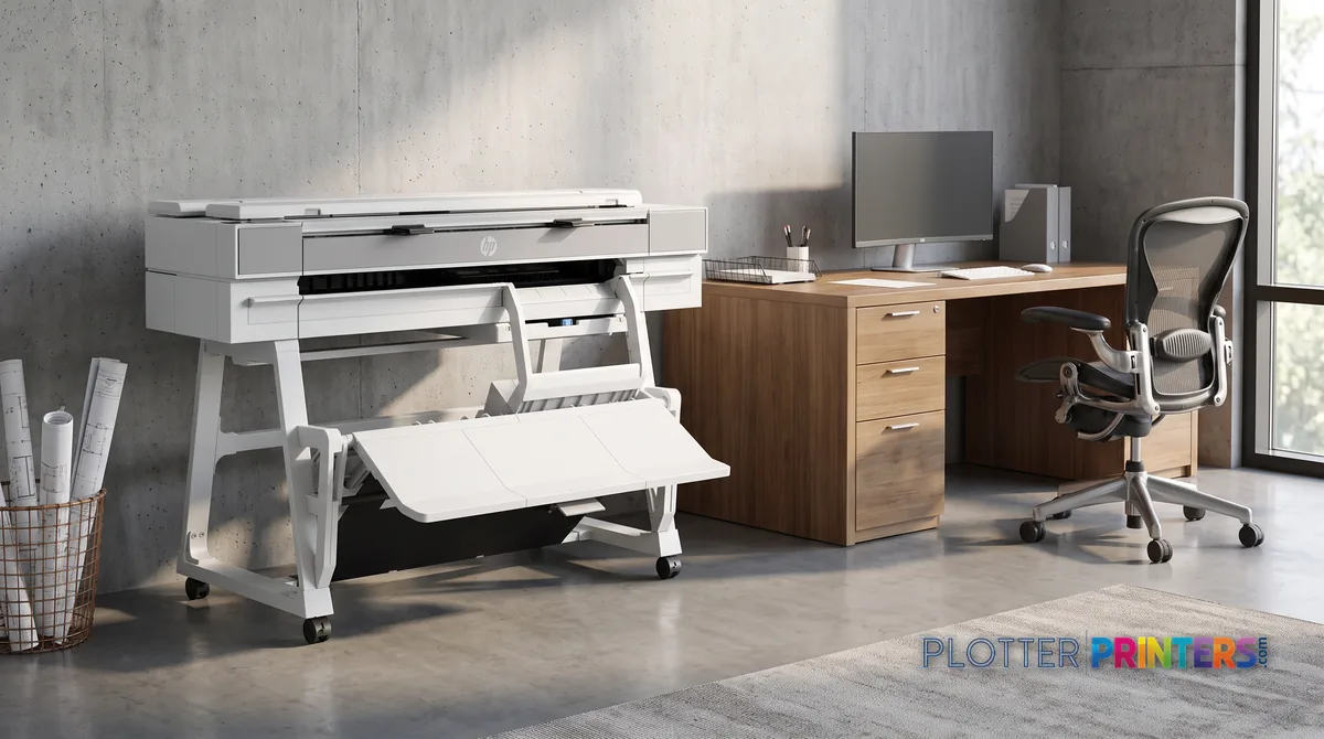 HP DesignJet T950 36-in MFP in a plan room beside flat-file drawers, printing a CAD elevation (staged scene from manufacturer product photography)