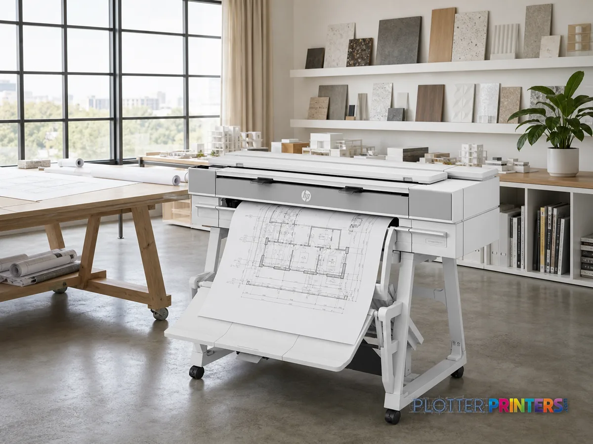HP DesignJet XT950 36-in Multifunction Plotter in a bright architecture studio, printing a large floor plan (staged scene from manufacturer product photography)