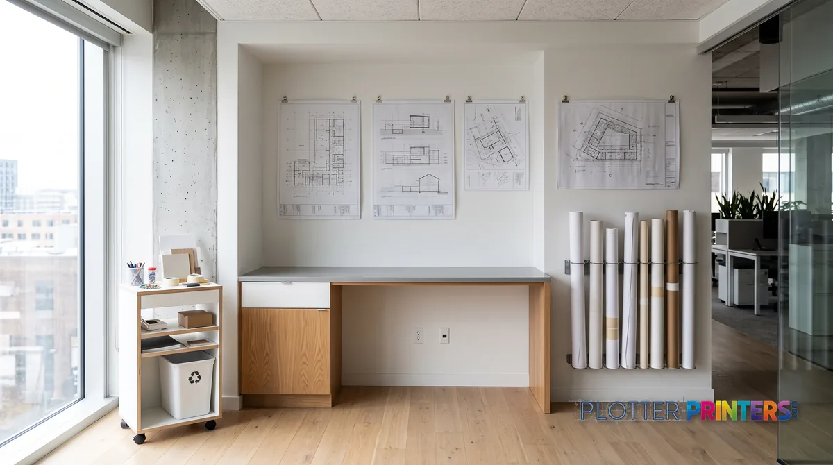 Office print corner with racked paper rolls and pinned plans