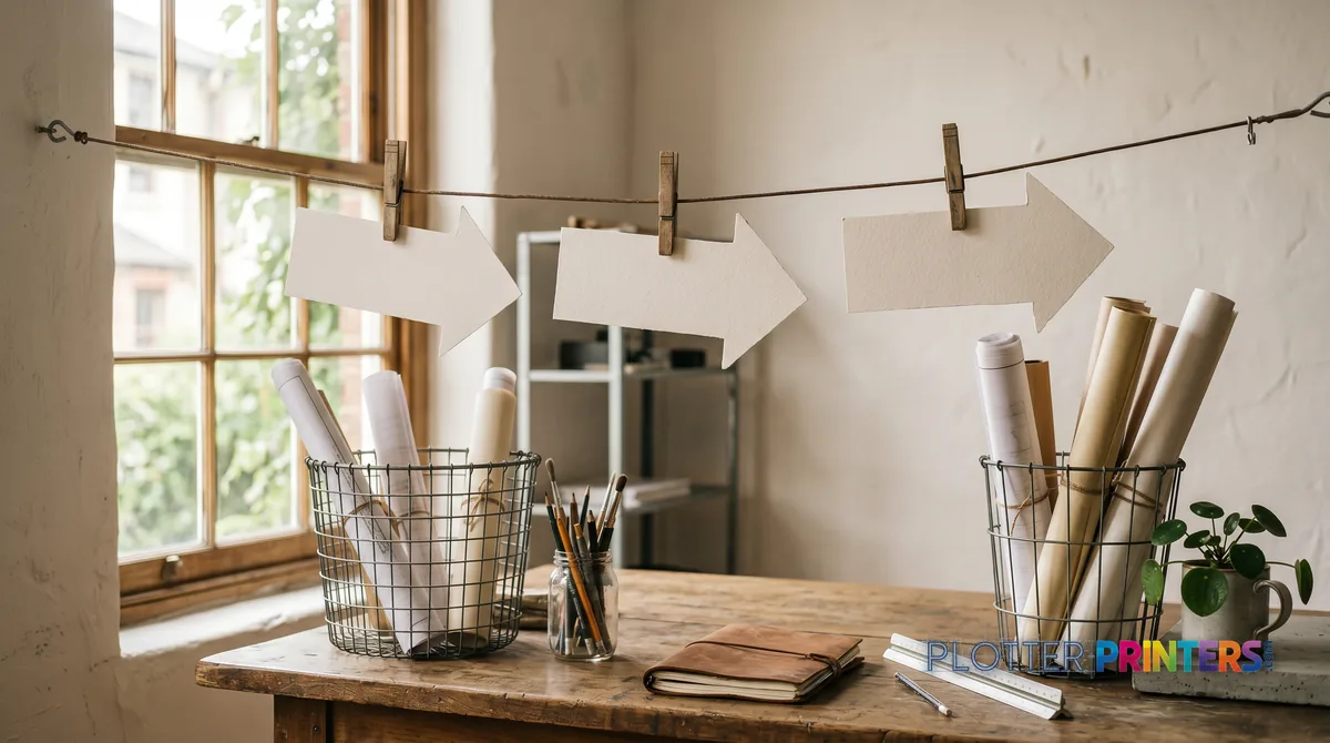 Three blank direction cards on a wire above rolled plans