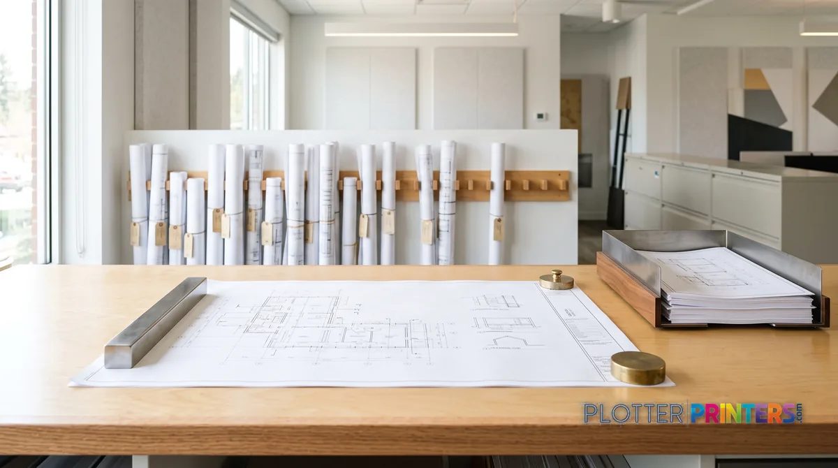 Plan-room counter with a flattened original and a tray of fresh copies