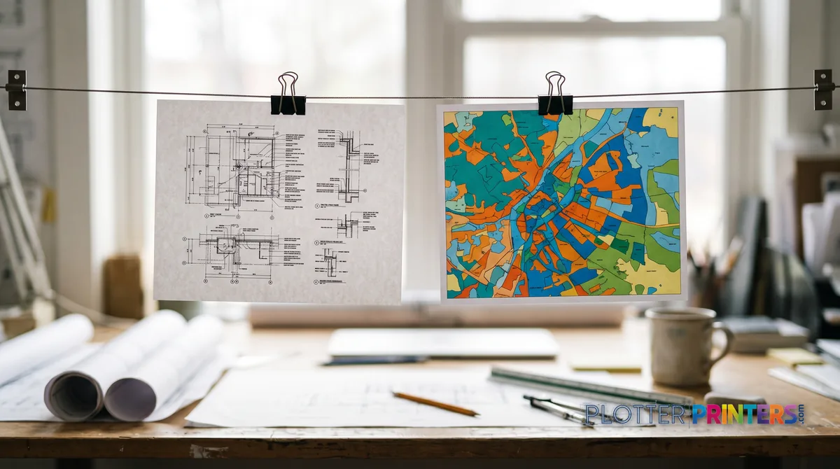 Two print samples clipped to a wire: linework vs color map
