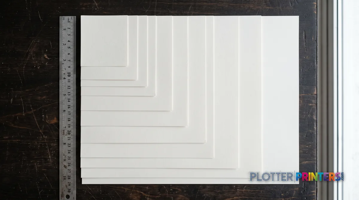 Nested blank sheets of decreasing standard sizes aligned at a corner