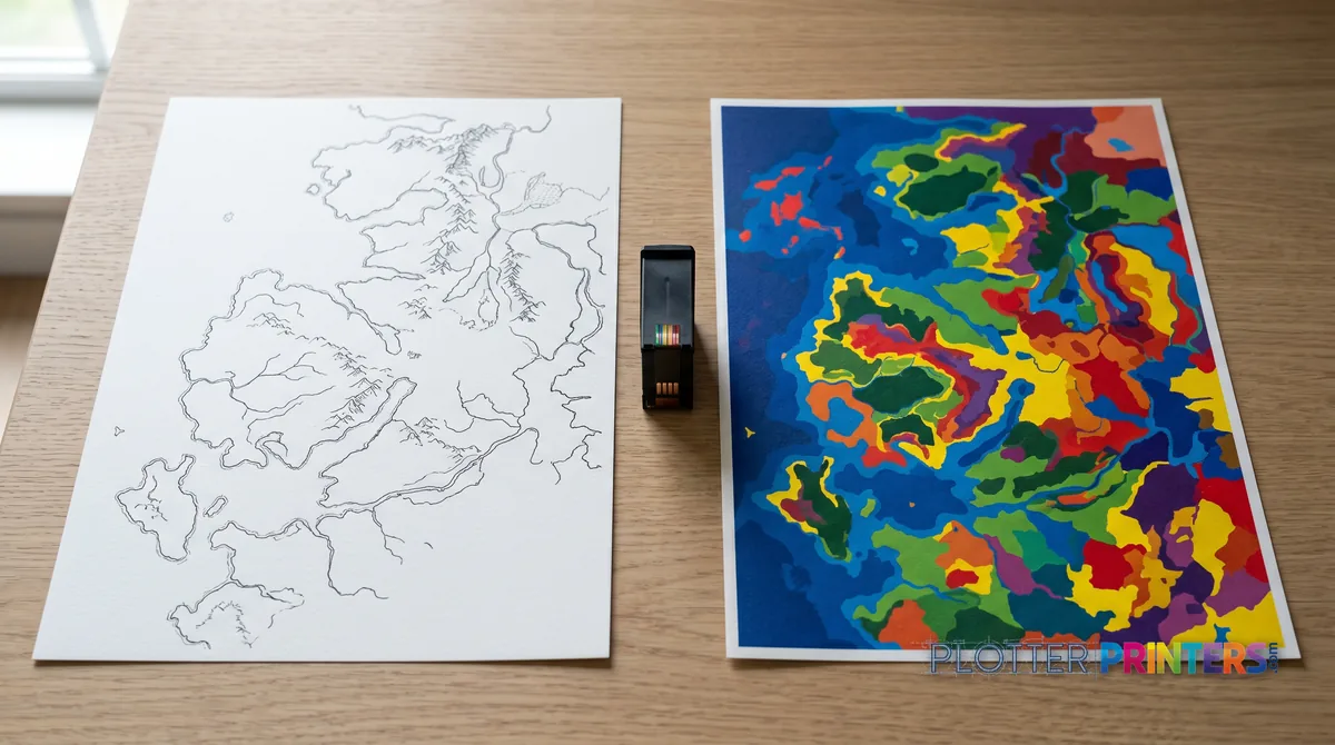 Sparse line drawing beside a dense color map with one cartridge between