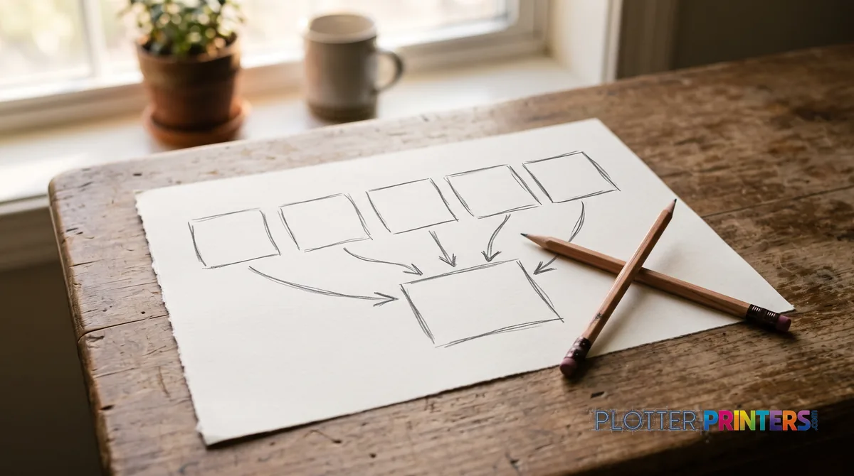 Hand-drawn worksheet of blank boxes converging to one result