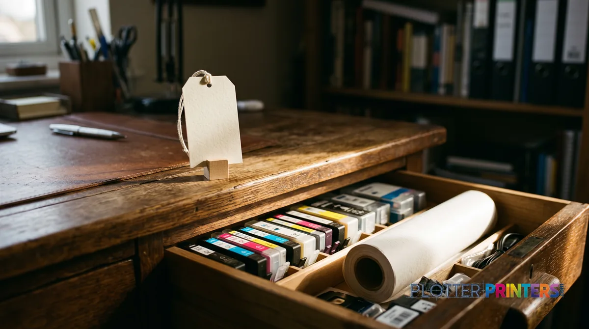 Blank price tag above an open drawer of ink cartridges and paper