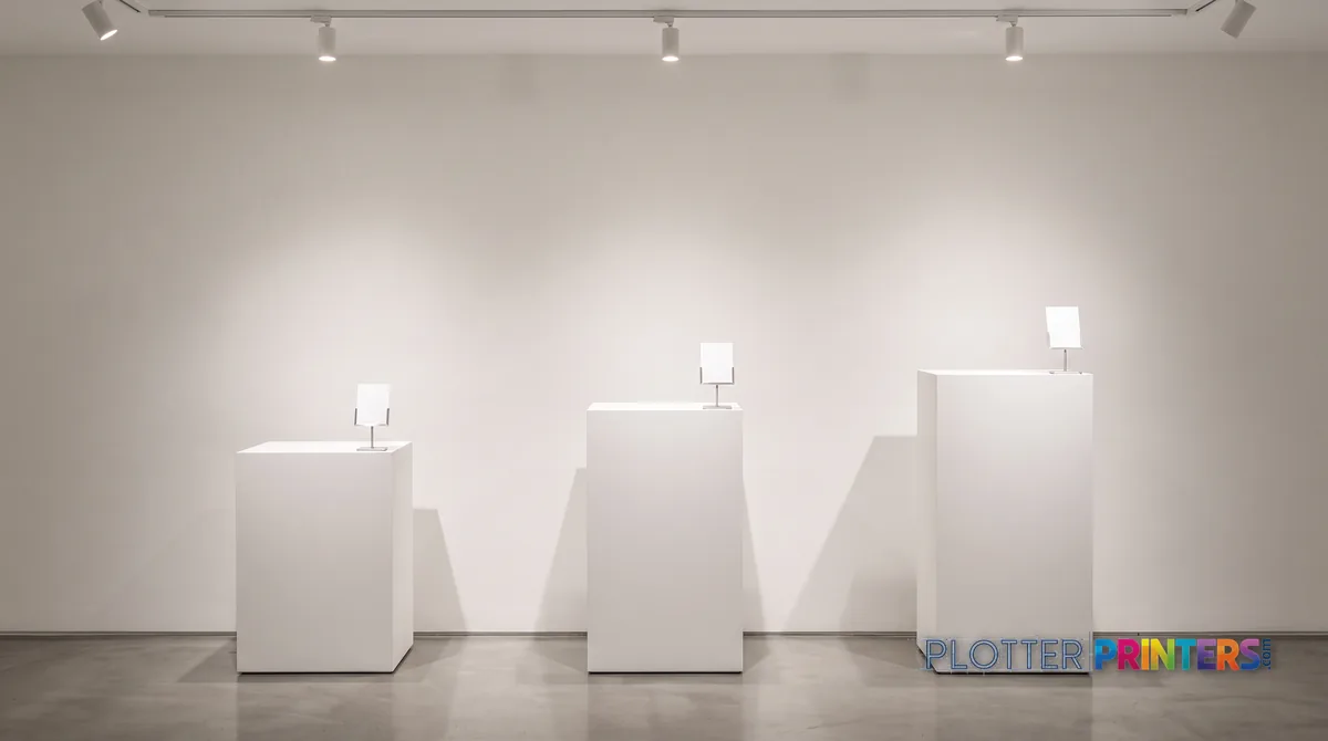 Three pedestals of increasing height with blank price cards