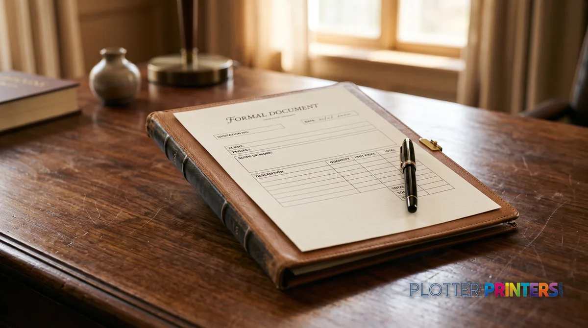 Quote folder with a pen sliding across a desk