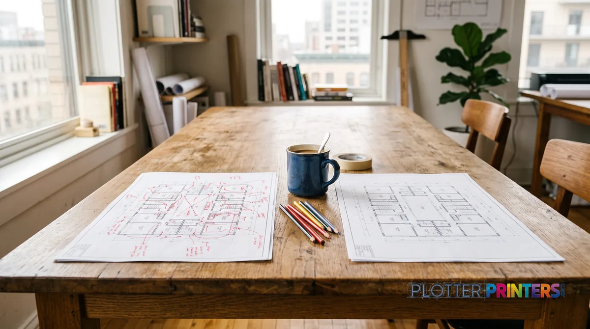 Marked-up plan beside its clean copy on a plan-room table