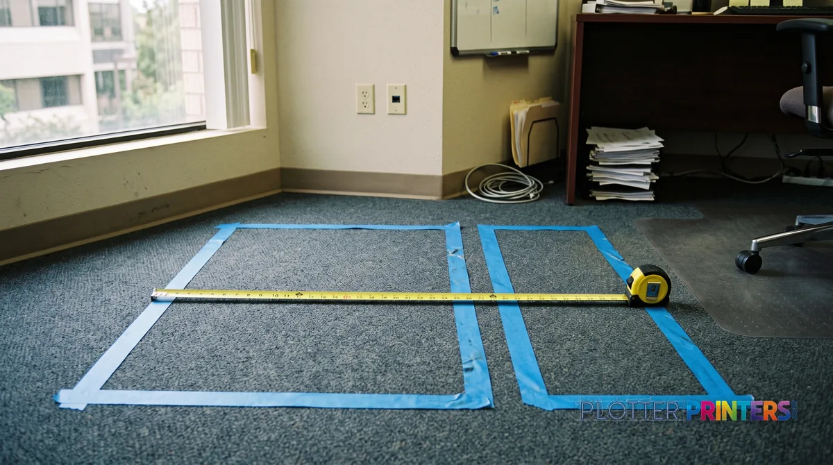 Taped floor outlines comparing one and two equipment footprints