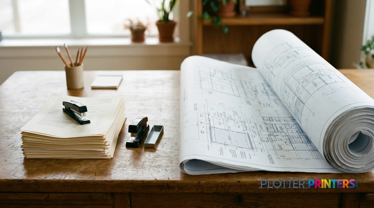 Letter-size documents beside a much larger unrolled architectural drawing