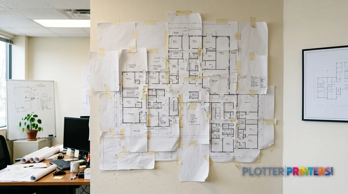 Floor plan tiled from taped letter sheets with misaligned seams