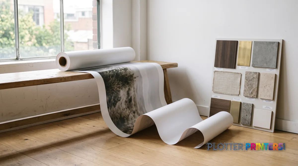 Satin print curling off a roll beside a material sample board