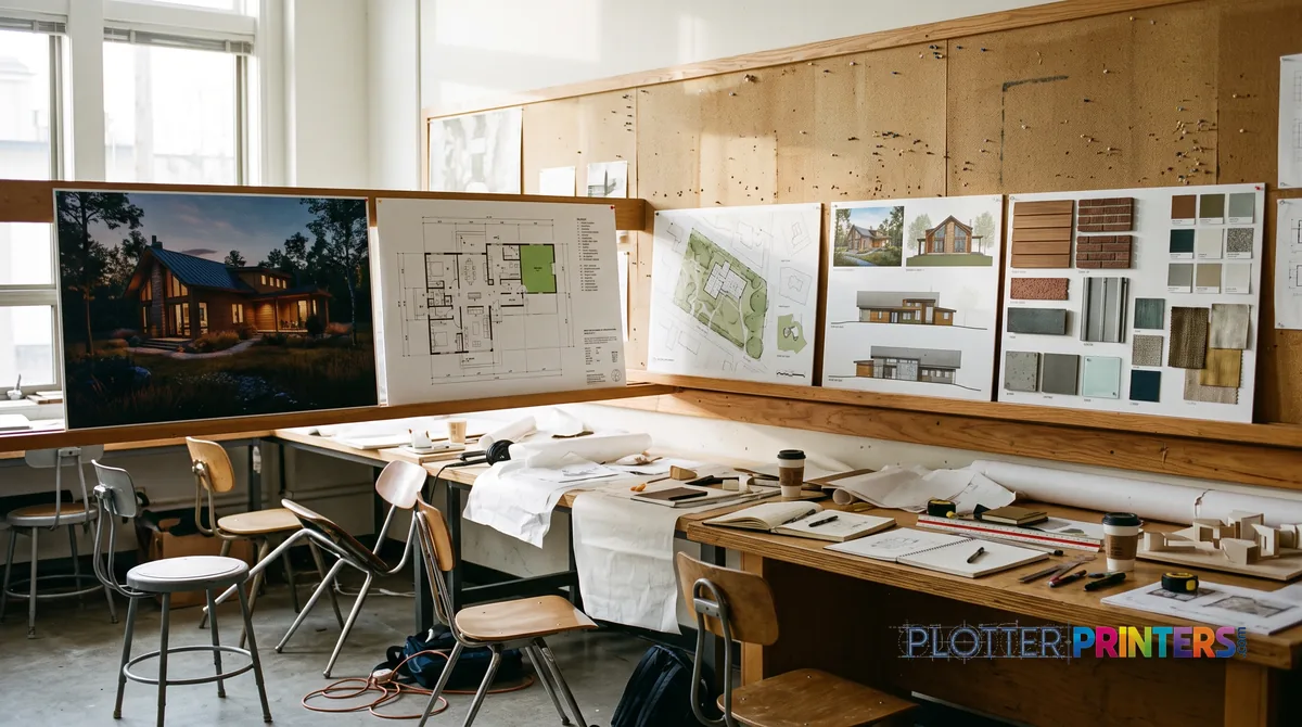 Studio pin-up rail with large color presentation boards of a residential project